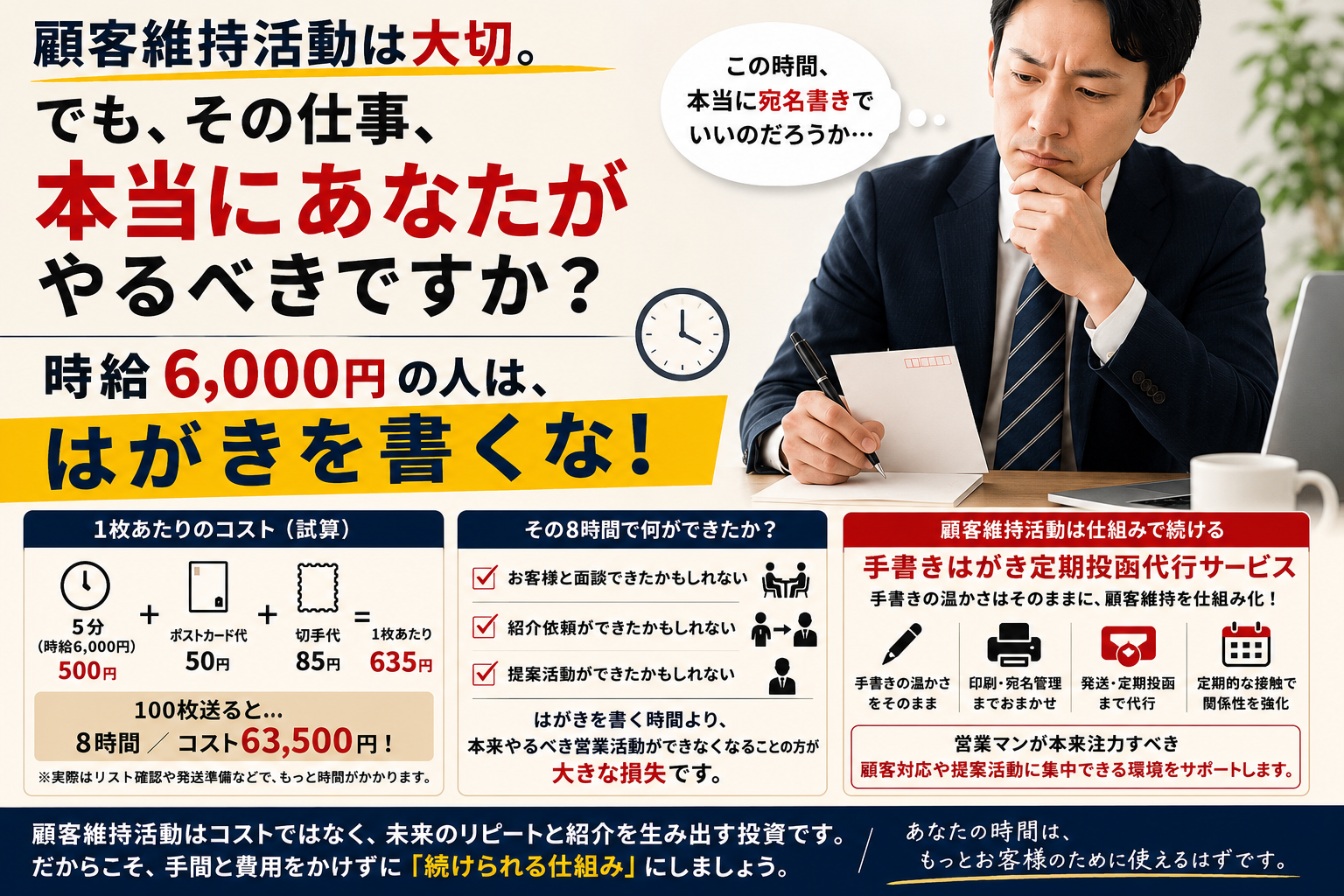 顧客維持活動は大切。でも、その仕事、本当にあなたがやるべきですか？　　　～時給6,000円の人は、はがきを書くな！～
